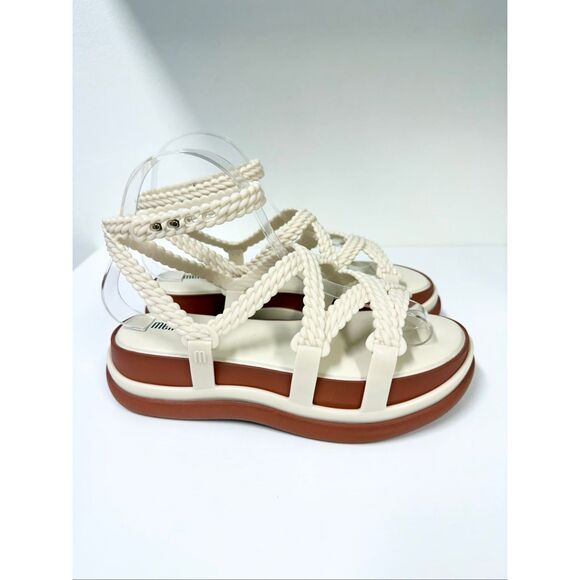 Melissa x Anthropologie Buzios Braided Platform Beige Angle Strap Strappy 7 - Picture 1 of 8